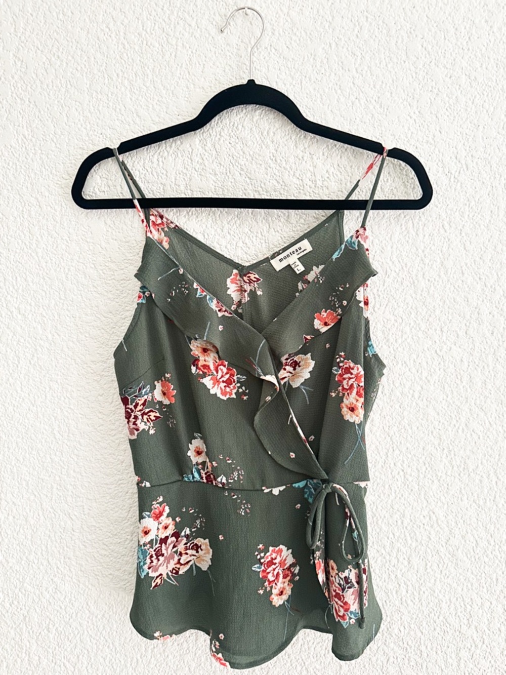 Monteau Olive Floral Wrap Tank with Pink & Cream Blooms